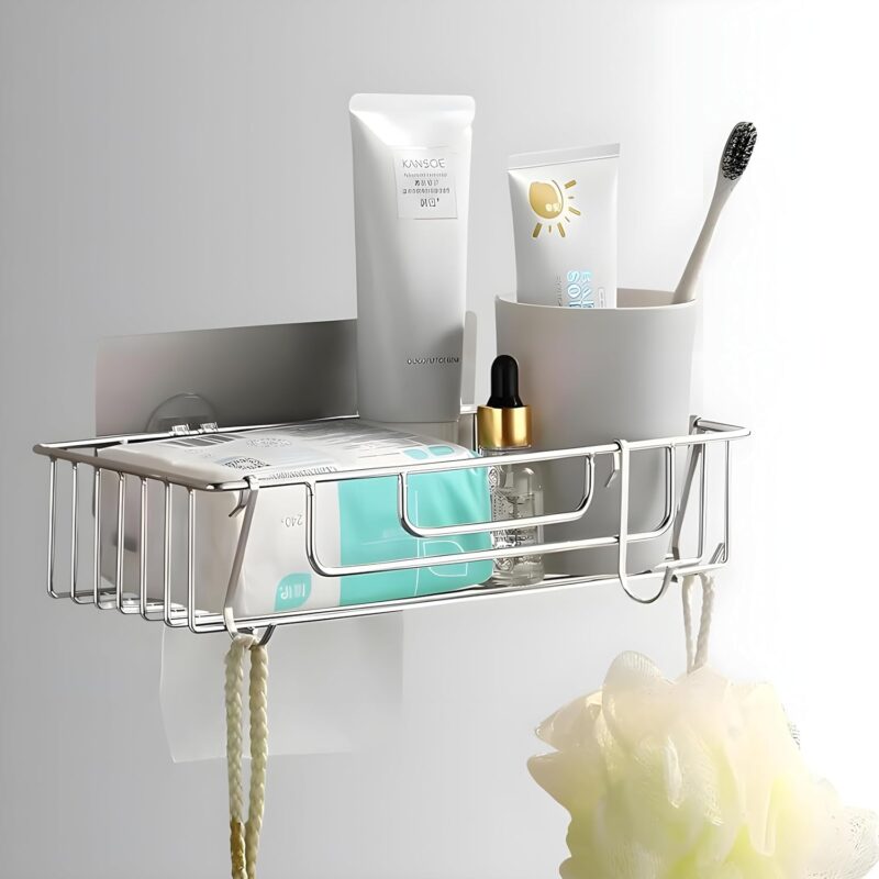 1 PCS Bathroom Self-Adhesive Organiser with Towel Holder Bathroom Accessories Wall Mount Stainless Steel Self Adhesive Bathroom Shelf for Wall Shelf Storage Basket (26L*12W*6H CM, Silver)