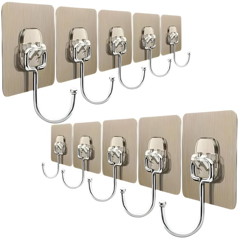 10 PCS Large Adhesive Hooks for Wall Heavy Duty Waterproof Wall Hooks for Hanger Hooks, Stainless Steel Towel and Coats Wall Hook to Use Inside Kitchen, Bathroom, Home and Office (10)